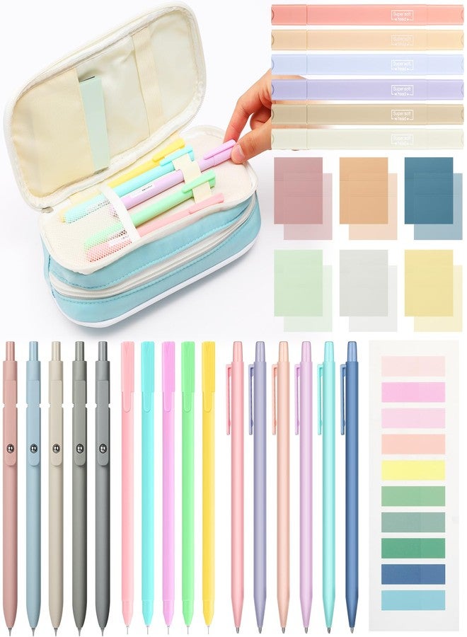 Lincia 30 Pcs Aesthetic School Supplies with Pencil Case 6 Mechanical Pencil 5 Ballpoint Pen 5 Quick Dry Pen 6 Pastel Highlighter Transparent Sticky Index Tab for Student Stationary Essentials(Blue) - Image 1