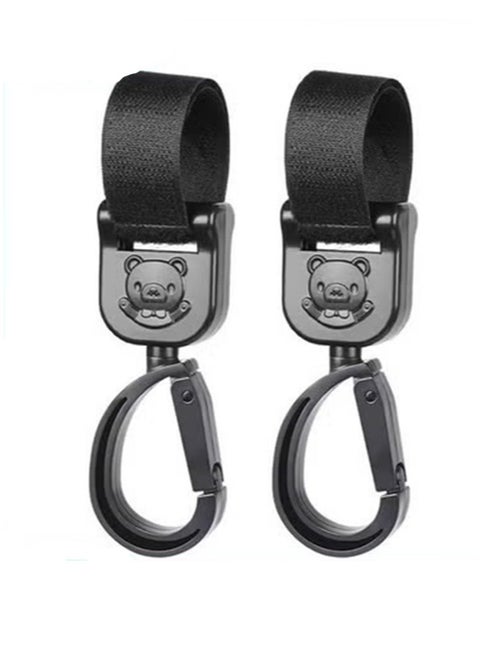 Non-Slip Baby Stroller Hooks with Lovely Bear Pattern, 360-Degree Rotating Stroller Bag Clips for Hanging Diaper Bags, Black