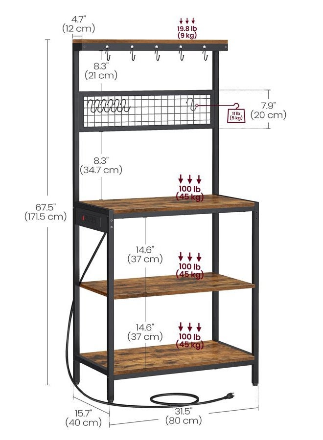VASAGLE Bakers Rack with Charging Station, Coffee Bar Stand with Adjustable Storage Shelf, Grid Panel, 12 Hooks, Table for Microwave, Kitchen, Rustic Brown and Ink Black UKKS016K01 - Image 3