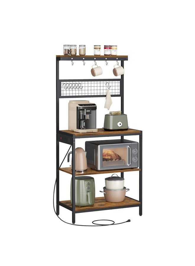 VASAGLE Bakers Rack with Charging Station, Coffee Bar Stand with Adjustable Storage Shelf, Grid Panel, 12 Hooks, Table for Microwave, Kitchen, Rustic Brown and Ink Black UKKS016K01 - Image 1