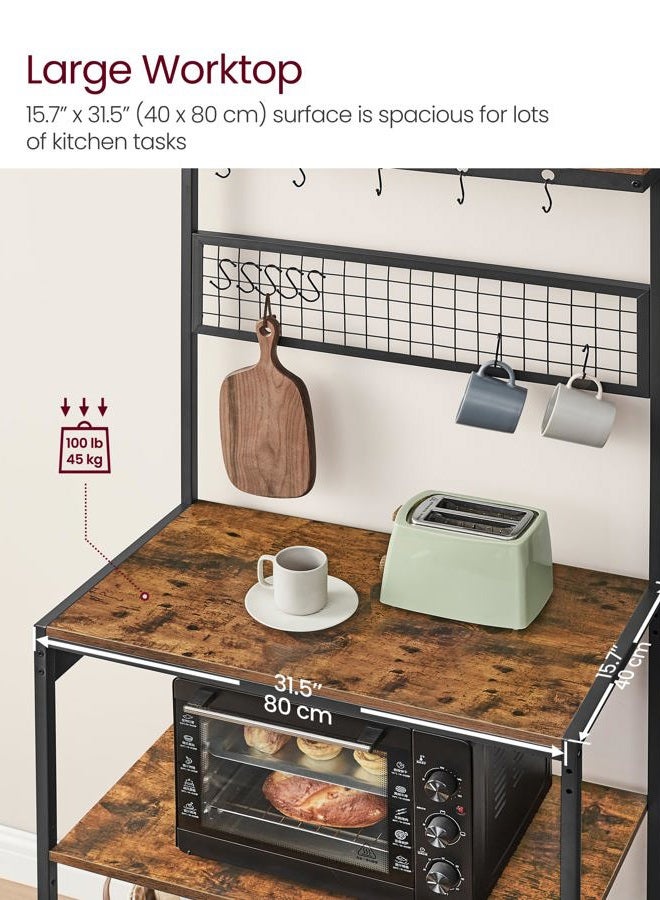VASAGLE Bakers Rack with Charging Station, Coffee Bar Stand with Adjustable Storage Shelf, Grid Panel, 12 Hooks, Table for Microwave, Kitchen, Rustic Brown and Ink Black UKKS016K01 - Image 5