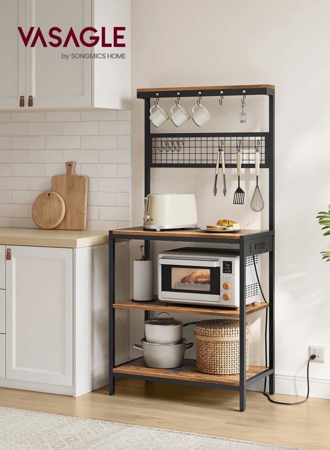VASAGLE Bakers Rack with Charging Station, Coffee Bar Stand with Adjustable Storage Shelf, Grid Panel, 12 Hooks, Table for Microwave, Kitchen, Rustic Brown and Ink Black UKKS016K01 - Image 2