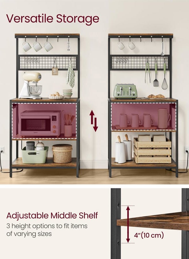 VASAGLE Bakers Rack with Charging Station, Coffee Bar Stand with Adjustable Storage Shelf, Grid Panel, 12 Hooks, Table for Microwave, Kitchen, Rustic Brown and Ink Black UKKS016K01 - Image 4