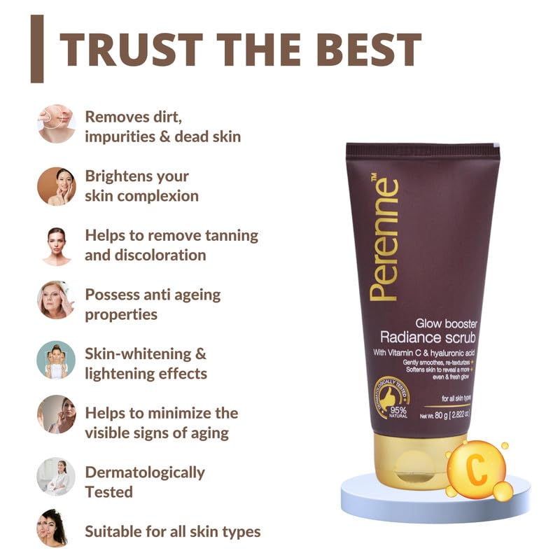 Perenne Glow Booster Scrub with Vitamin C, Hyaluronic Acid for All Skin Types (80 gm) - Detan , Exfoliates, Removes Dead Skin Cells, Deeply Cleanses, Detoxify Skin for Men and Women - Image 3