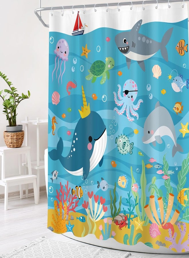 Cinbloo ستارة حمام للأطفال من سينبلو، مقاس 72 بوصة عرض × 72 بوصة ارتفاع، بتصميم سمكة كرتونية مرحة، حوت أزرق لطيف، قرش، أخطبوط، حياة بحرية، شاطئ تحت الماء، صيف جميل، طقم ستارة حمام للبنات والأولاد، إكسسوارات حمام، ديكور - Image 3