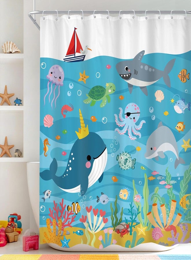 Cinbloo ستارة حمام للأطفال من سينبلو، مقاس 72 بوصة عرض × 72 بوصة ارتفاع، بتصميم سمكة كرتونية مرحة، حوت أزرق لطيف، قرش، أخطبوط، حياة بحرية، شاطئ تحت الماء، صيف جميل، طقم ستارة حمام للبنات والأولاد، إكسسوارات حمام، ديكور - Image 1