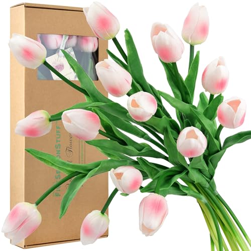 FiveSeasonStuff Real Touch Tulips Artificial Flowers – 15 Stems Faux Tulip Bouquet in Gift Box for Wedding, Home Decor, Party, Floral Arrangements (Jaipur Soft Pink) - Image 1