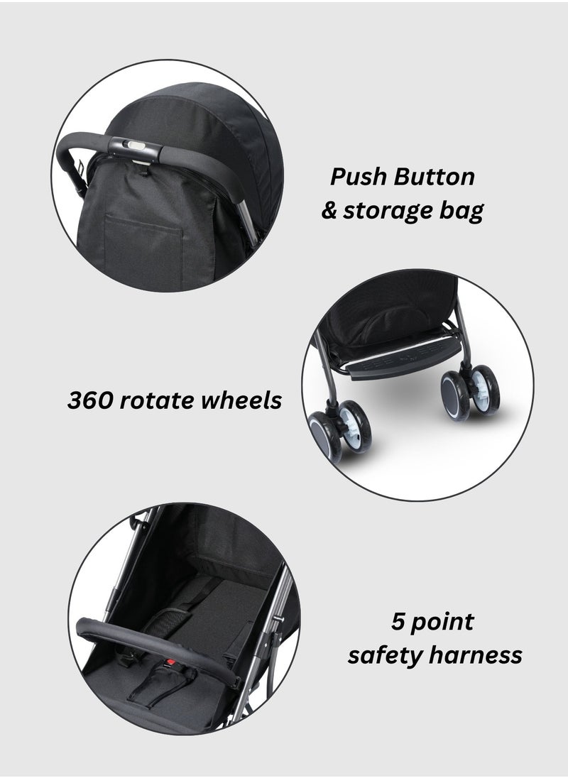 Moms Magic Baby Stroller – One-Hand Fold, Adjustable Footrest & Hood, 5-Point Safety Harness, Large Storage Bag, Black  - Image 2