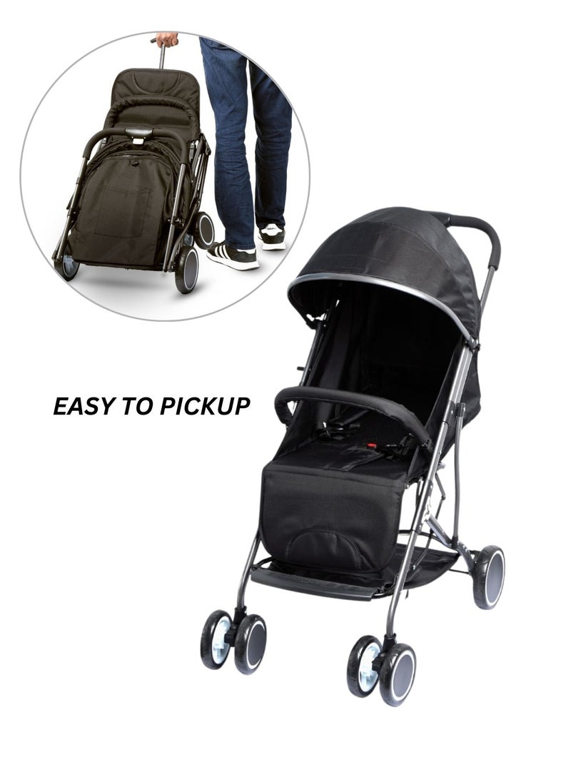 Moms Magic Baby Stroller – One-Hand Fold, Adjustable Footrest & Hood, 5-Point Safety Harness, Large Storage Bag, Black  - Image 3
