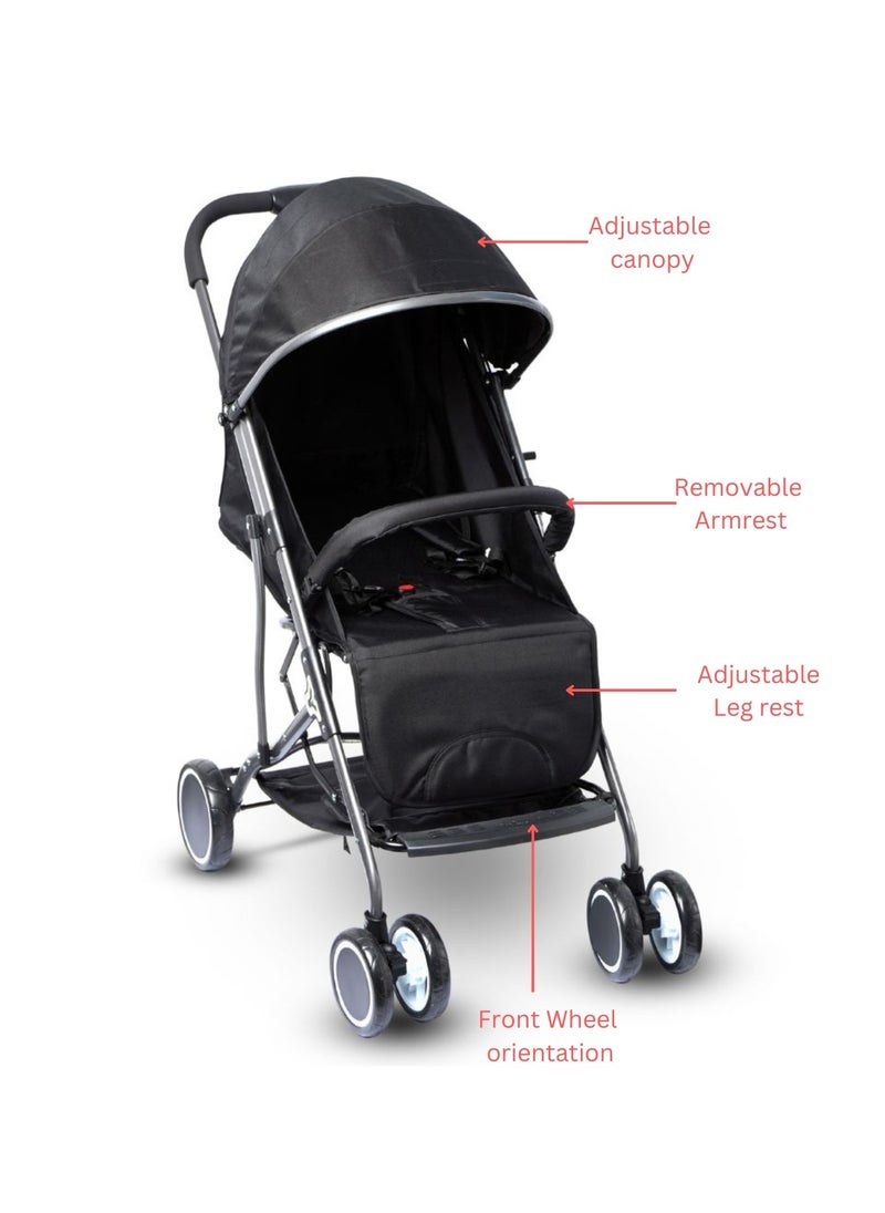 Moms Magic Baby Stroller – One-Hand Fold, Adjustable Footrest & Hood, 5-Point Safety Harness, Large Storage Bag, Black  - Image 4