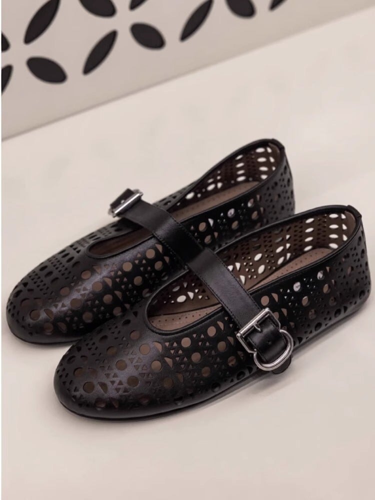 2024 New French Hollow Ballet Flats Mary Jane Womens Shoe Black 