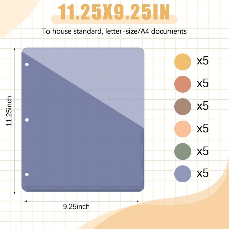 Maitys 30 Pack Binder Pockets 3 Hole Punch Clear Plastic Document Folders Binder Organizer Store Letter Size 8.5x11 Inch Paper Folders with Pockets Slash File Jacket for Office (Simple Color) - Image 3