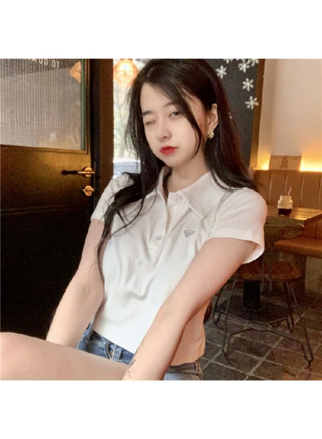 قميص قطني صيفي جديد بولو ياقة عالية وسروال قصير بأكمام قصيرة تيشرت نسائي بتطريز يقلل العمر