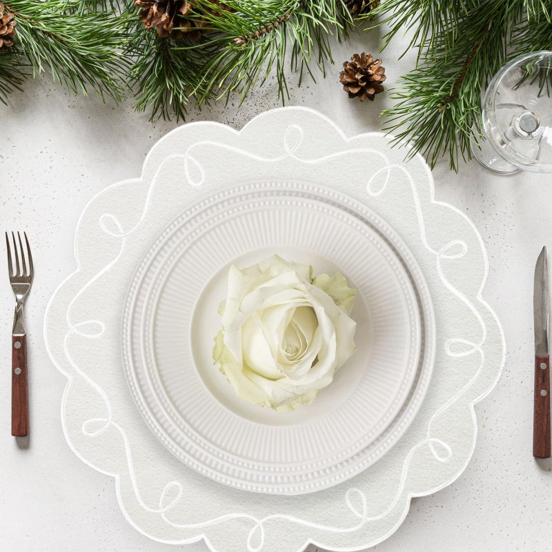Opexscal 16.5 Inch Ribbon Twirl Embroidery Round Placemats Set of 4, Scalloped Round Table Mats for Party Kitchen Dining Decoration, White - Image 2