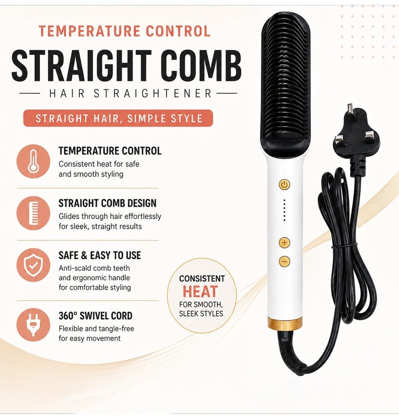 FH909 Hair Straightener Comb Electric Hot Comb Hair Straightening Brush with Adjustable Temperature Control, Anti Scald Comb Teeth, Fast Heating Ceramic Hair Styling Brush, LCD Indicator, 360° Swivel Cord, Portable Hair Smoother for All Hair Types Home Salon Use  ERPC FH909 - Image 3