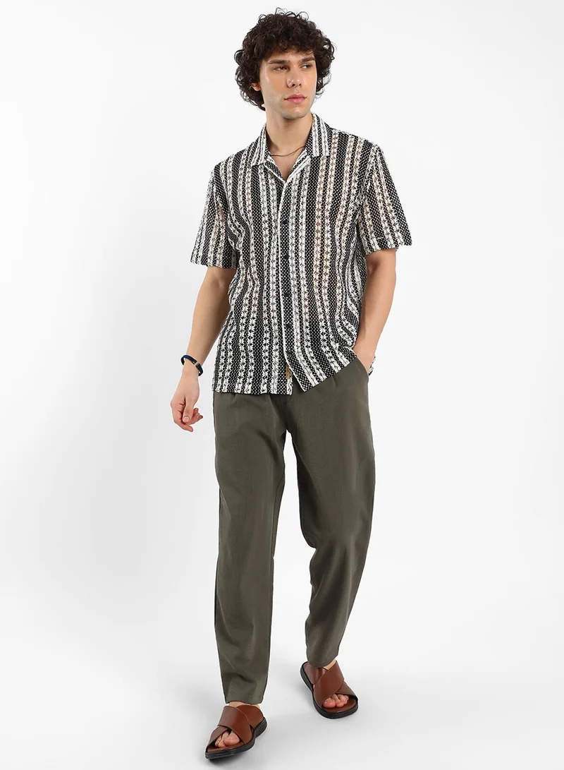 Campus Sutra Men's Cream White & Midnight Black Multitrack Knit Oversized Shirt