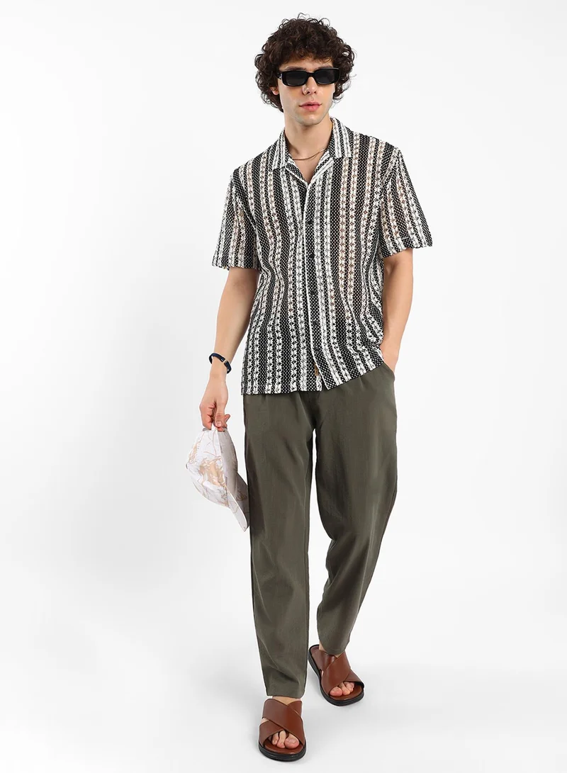 Campus Sutra Men's Cream White & Midnight Black Multitrack Knit Oversized Shirt