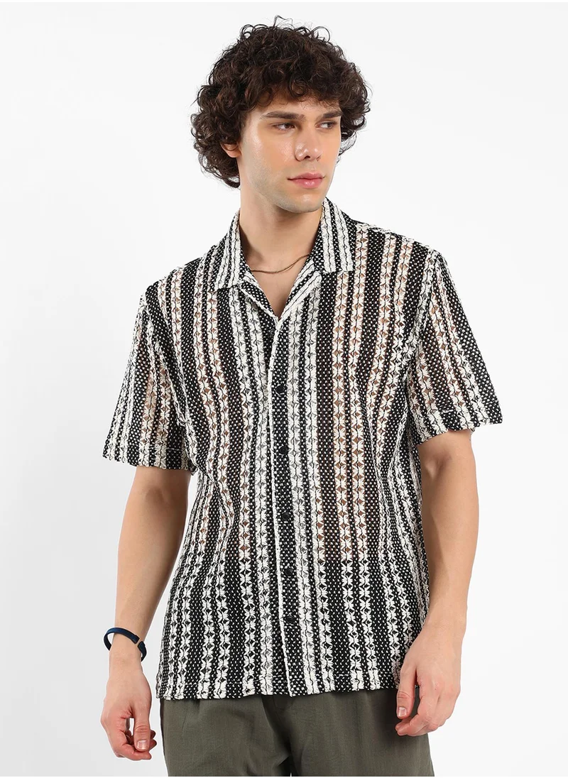 كامبوس سوترا Men's Cream White & Midnight Black Multitrack Knit Oversized Shirt
