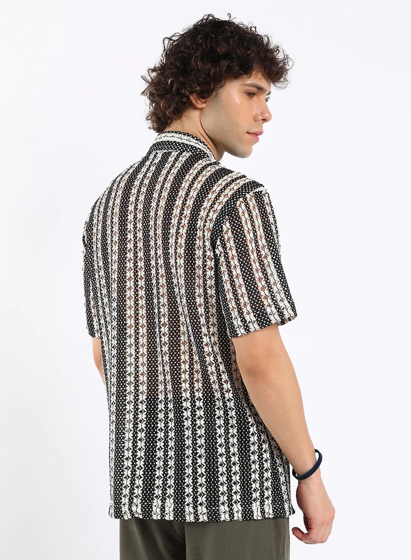 Campus Sutra Men's Cream White & Midnight Black Multitrack Knit Oversized Shirt