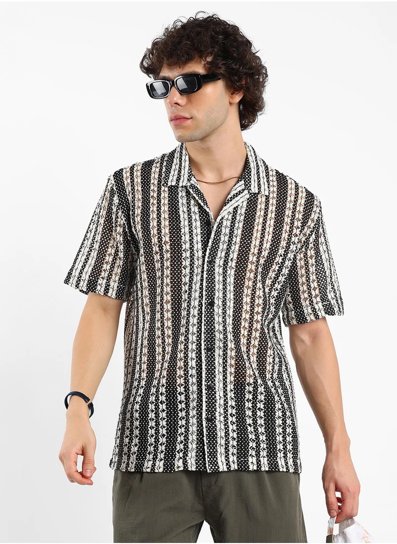 كامبوس سوترا Men's Cream White & Midnight Black Multitrack Knit Oversized Shirt