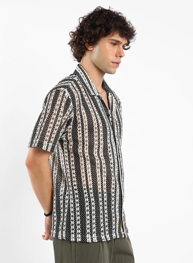 Campus Sutra Men's Cream White & Midnight Black Multitrack Knit Oversized Shirt