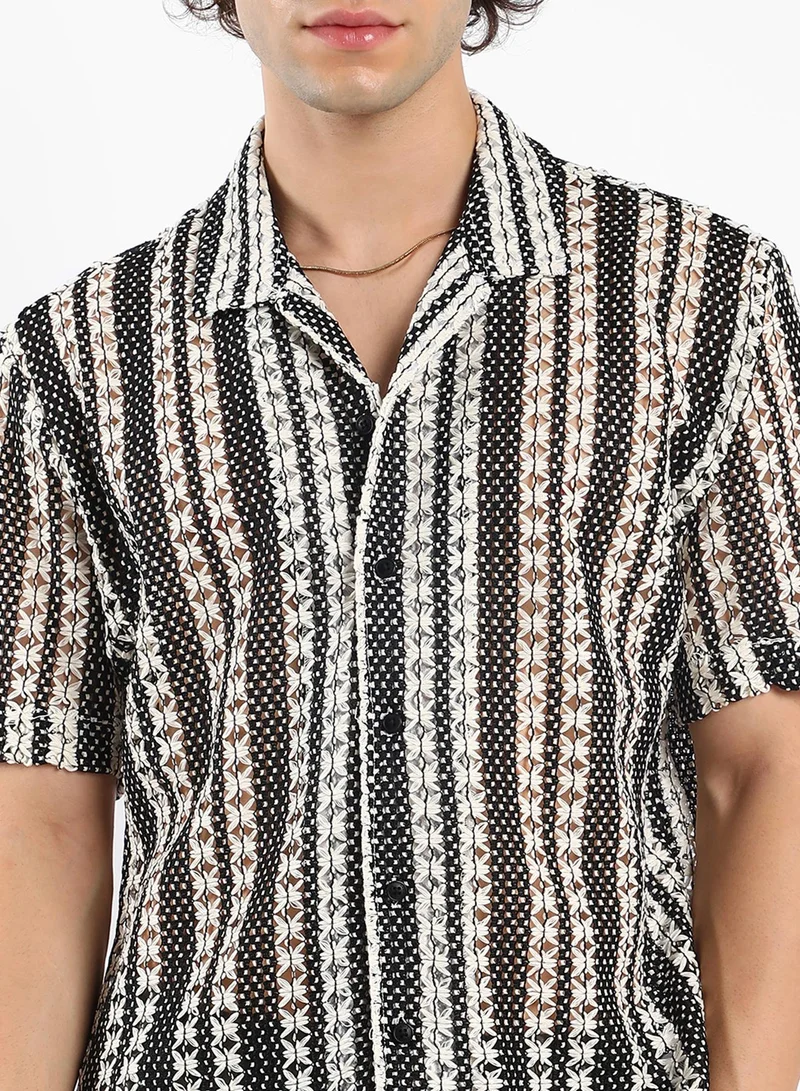 Campus Sutra Men's Cream White & Midnight Black Multitrack Knit Oversized Shirt