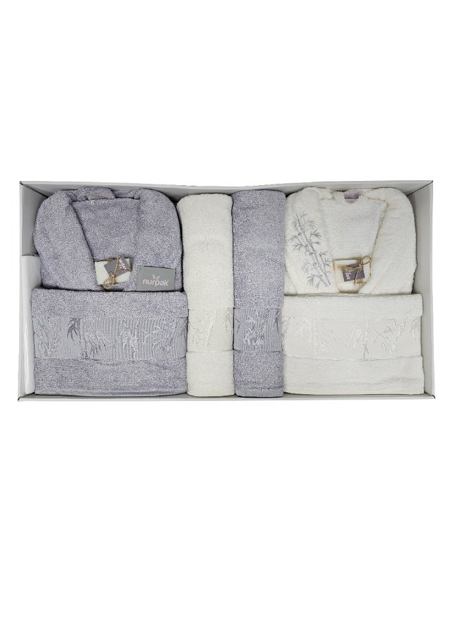نورباك طقم مناشف تركي من القطن والبامبو مكون من 10 قطع كهدية للزوجين، بما في ذلك مناشف حمام فاخرة للرجال والنساء، مقاس 90×145 سم، أردية حمام، مناشف يد، قفازات حمام، صندوق هدايا لحفلات الزفاف، لون أبيض فاتح/رمادي - Image 3