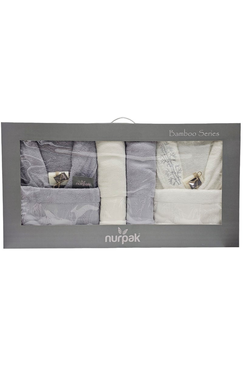 نورباك طقم مناشف تركي من القطن والبامبو مكون من 10 قطع كهدية للزوجين، بما في ذلك مناشف حمام فاخرة للرجال والنساء، مقاس 90×145 سم، أردية حمام، مناشف يد، قفازات حمام، صندوق هدايا لحفلات الزفاف، لون أبيض فاتح/رمادي - Image 2