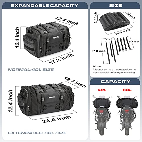 Rhinowalk Motorcycle Tail Bag, Expandable Motorcycle Travel Luggage Bags 60L, Waterproof All-Weather Trunk Rack Bag with Sissy Bar Straps & Helmet Rain Cover-Black - Image 2