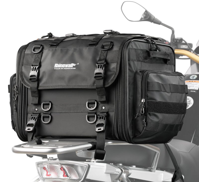 Rhinowalk Motorcycle Tail Bag, Expandable Motorcycle Travel Luggage Bags 60L, Waterproof All-Weather Trunk Rack Bag with Sissy Bar Straps & Helmet Rain Cover-Black - Image 1