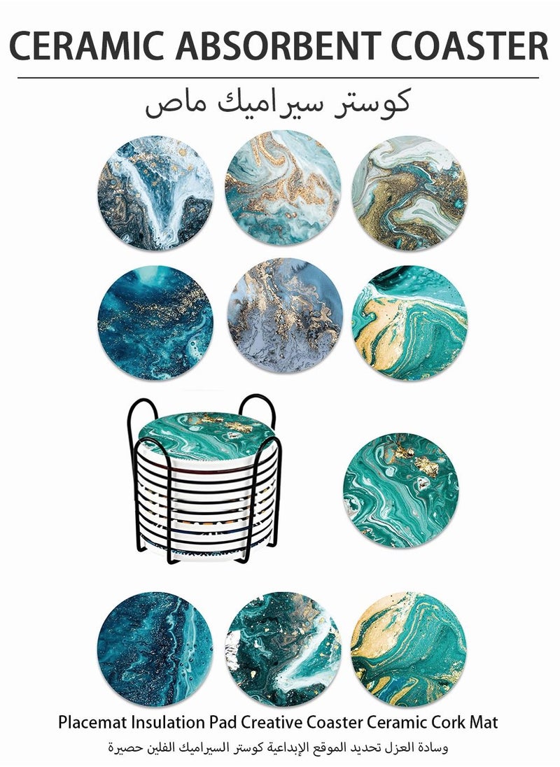Absorbent Coaster Sets Of 10,Round Coasters Set With Holder,Ocean Design Drink Coasters For Tabletop Protection,4 Inches,Ceramic Coasters