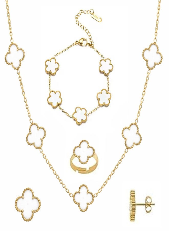 Okos Gold Plated White Clover Jewellery Set Combo for Women & Girls | Necklace, Bracelet, Ring & Stud Earrings | Elegant Jewellery for Everyday Wear CO1000498WHT - Image 1