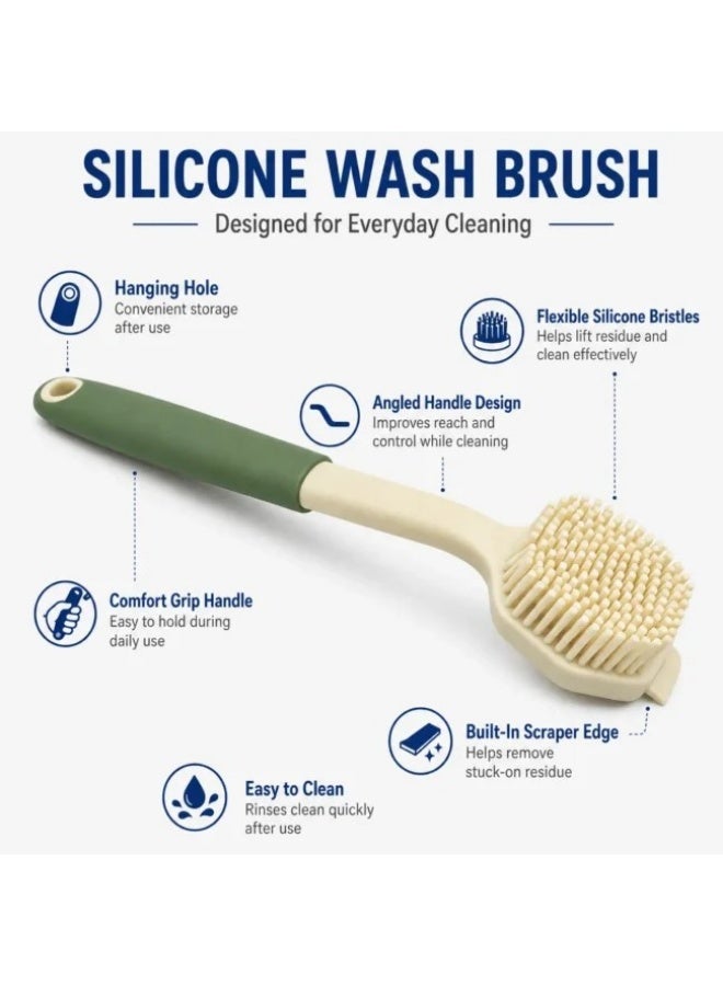Silicone Wash Brush with Built-In Scraper, Food-Grade BPA-Free Kitchen Cleaning Brush, Flexible Silicone Bristles, Ergonomic Handle, 29 cm Green - Image 3