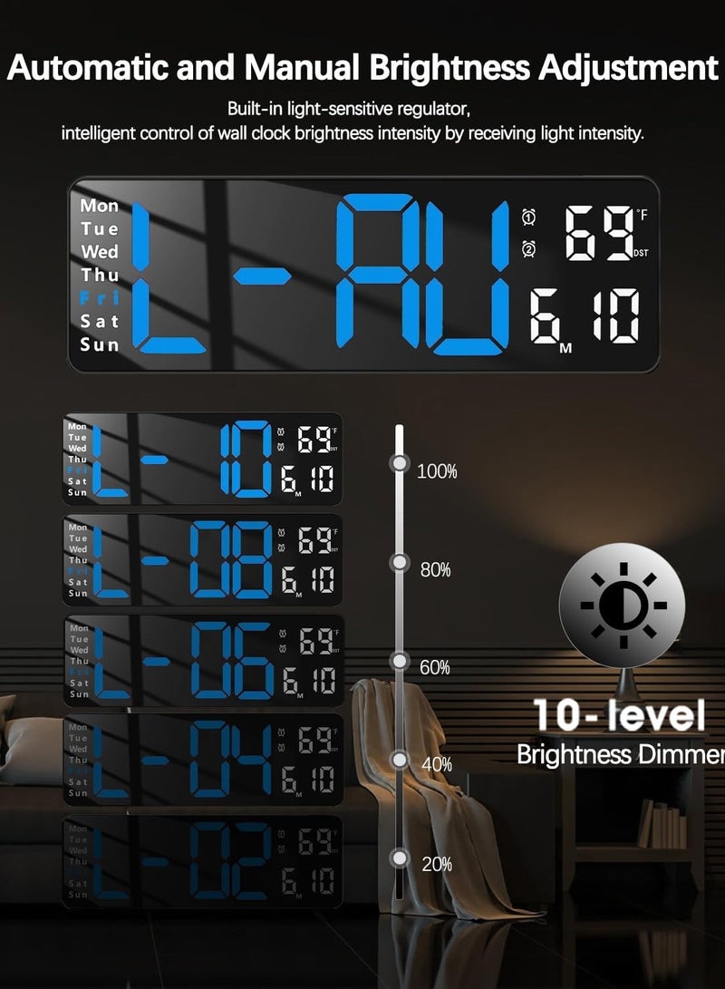 نكومي ساعة حائط، ساعة منبه رقمية لعرض غرفة النوم، ساعة طاولة بجانب السرير، ساعة رقمية LED قابلة للتعديل السطوع، ساعة عد تنازلي مع التاريخ والأسبوع ودرجة الحرارة - Image 3