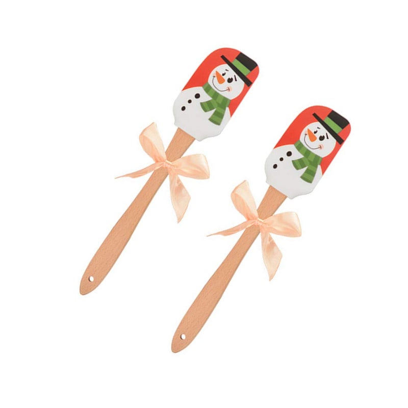 Cabilock مجموعة كابيلوك 2 قطعة ملعقة سيليكون عيد الميلاد بمقابض خشبية ملعقة خبز خلط العجين مكشطة لخبز الكعك حفلة عيد الميلاد عطلة رجل الثلج