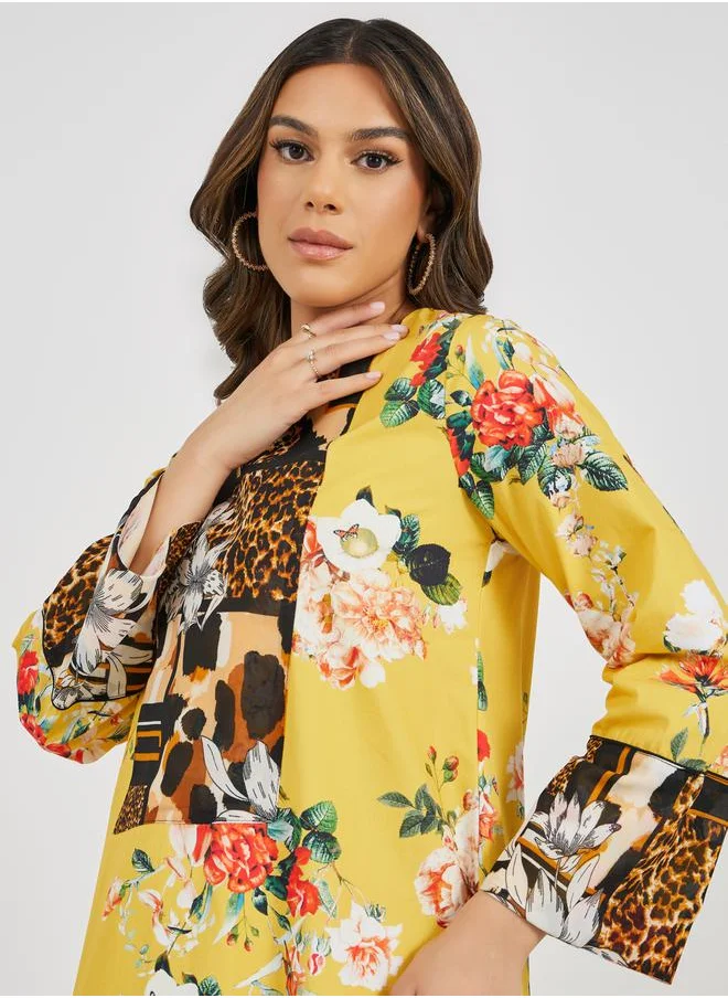 Styli All-Over Floral and Leopard Notch Neck Jalabiya