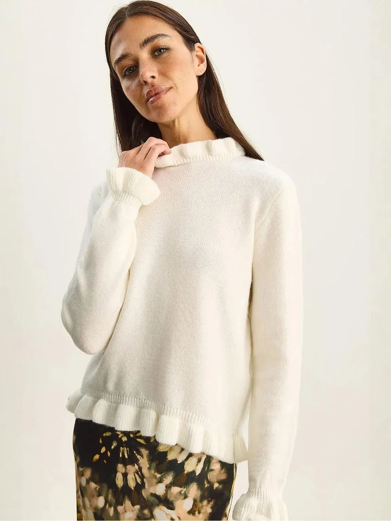 Bianco Lucci LUCCI Frilly Half Turtleneck Buttoned Knit Sweater