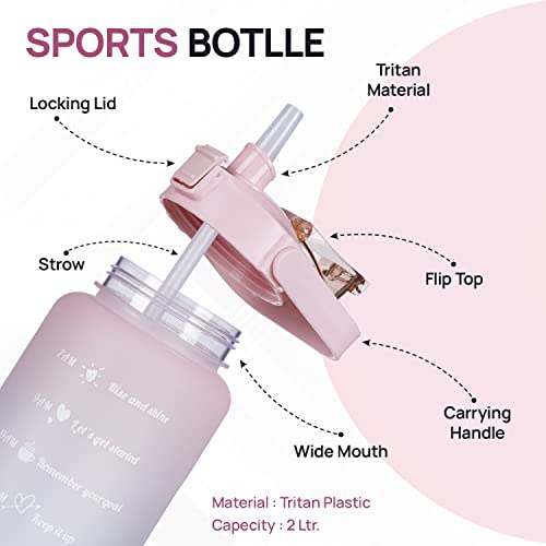 SKYTONE® Water Bottle For Office, Gym, Travel, Sports Leakproof 2 Liter Bottle With BPA-Free Plastic Included Silicone Pipe (Purple) (Pink) - Image 2