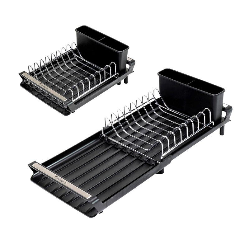 Erreke Sink Drainer Rack Black Dish Drainer Extendable Dish Drying Rack Spout Drains into Sink Protective Tips NonSlip Feet Cutlery Holder Small and Compact Extends from 28 to 47 cm Black