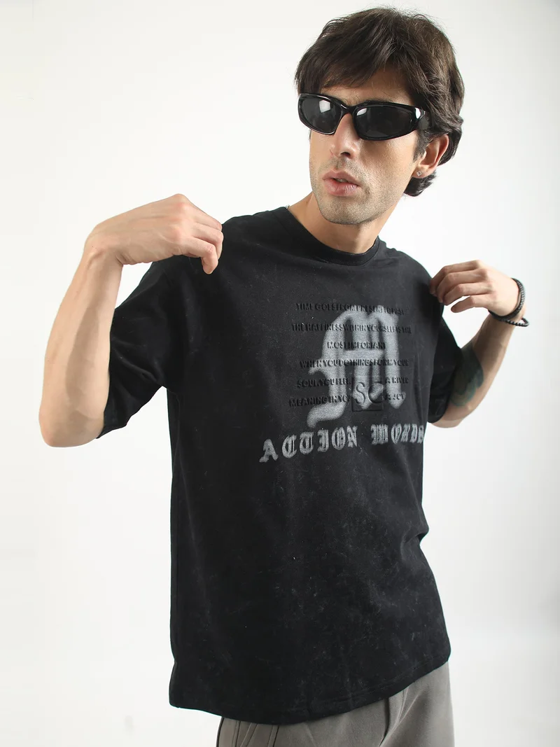 مانياك Maniac Mens Overthinker Printed Round Neck Half Sleeve Black and White Cotton T-Shirt