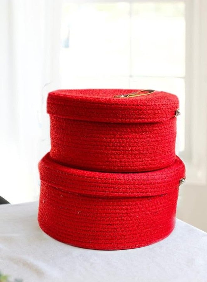 FIASCO Shelf basket hamper baby nursery tray bucket organizer gifts round mini rope set of 2 for kids toys,fruits,living room,bathroom,kitchen,office (ROTI BOX-Red) ASIN B0DZ6D93XP