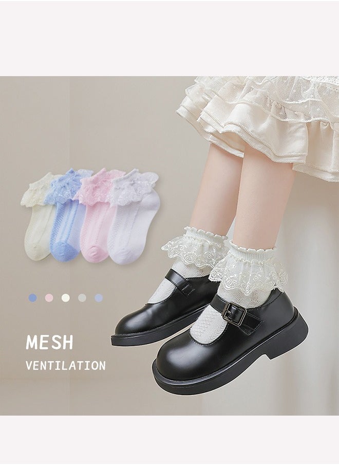 Generic Children's princess socks lace socks breathable combed cotton dance socks 4 pairs white/pink/blue/beige  - Image 2