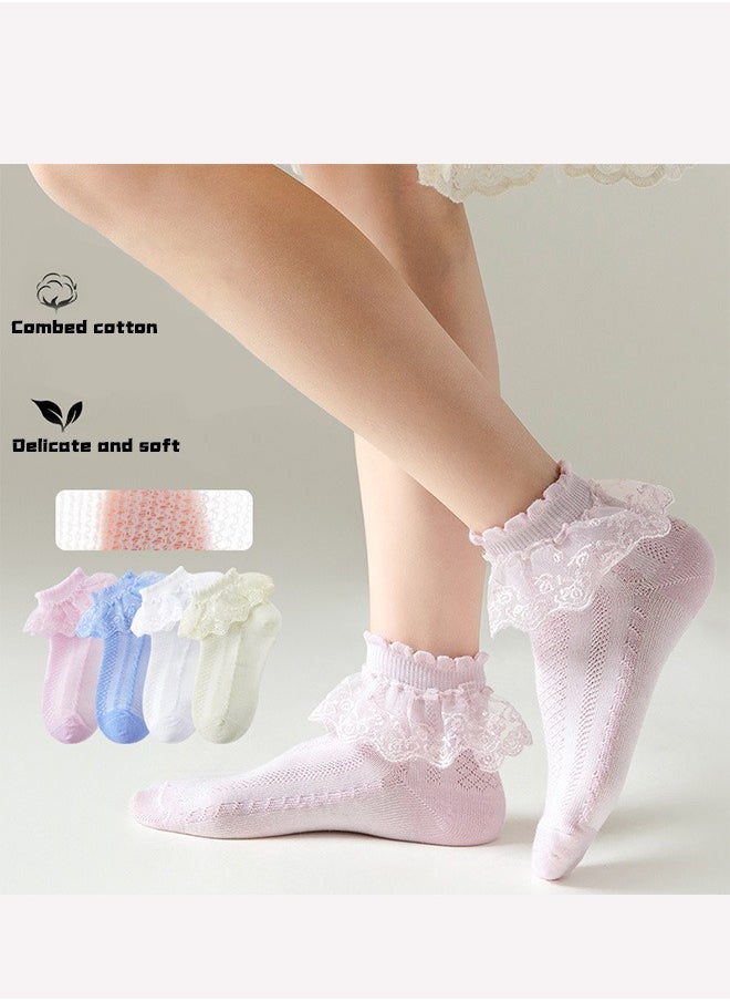 Generic Children's princess socks lace socks breathable combed cotton dance socks 4 pairs white/pink/blue/beige  - Image 1