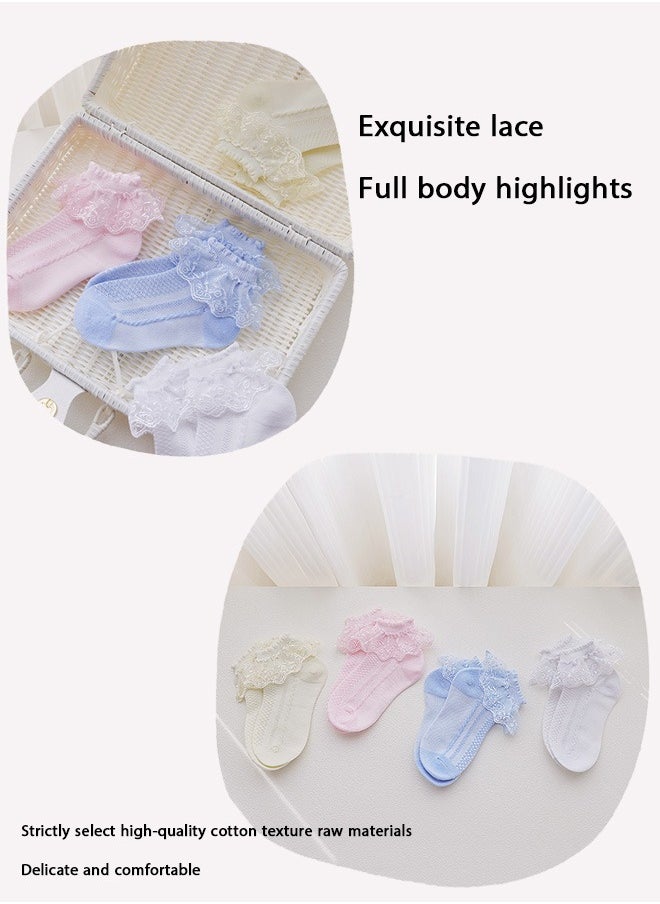 Generic Children's princess socks lace socks breathable combed cotton dance socks 4 pairs white/pink/blue/beige  - Image 5