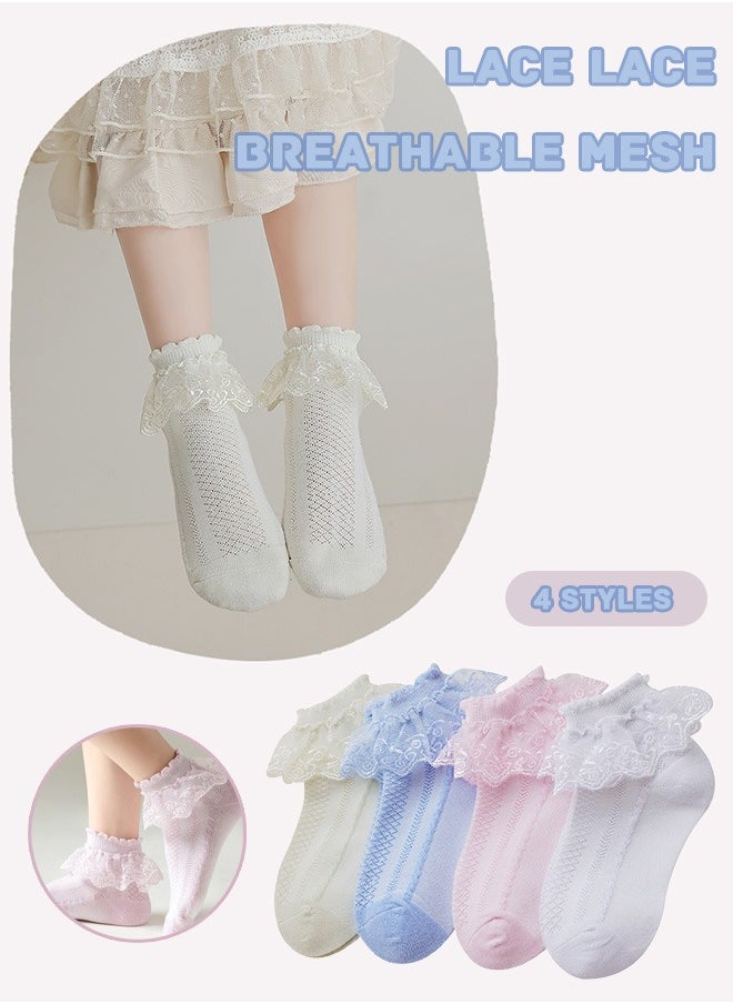 Generic Children's princess socks lace socks breathable combed cotton dance socks 4 pairs white/pink/blue/beige  - Image 3