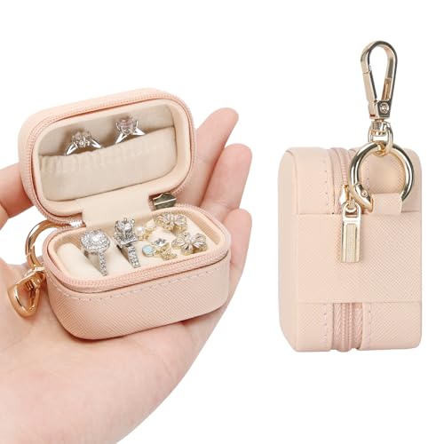 KUKUVR Small Travel Ring Stud Earring Box with Keychain, Mini Wedding Ring Holder Boxes for Multiple Rings, Portable Jewelry Storage Organizer Case (Pink) - Image 1