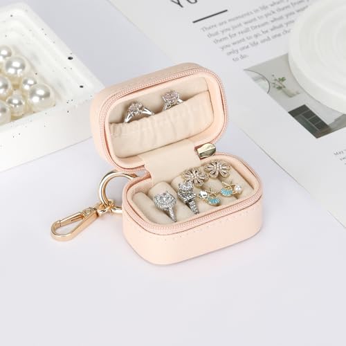 KUKUVR Small Travel Ring Stud Earring Box with Keychain, Mini Wedding Ring Holder Boxes for Multiple Rings, Portable Jewelry Storage Organizer Case (Pink) - Image 3