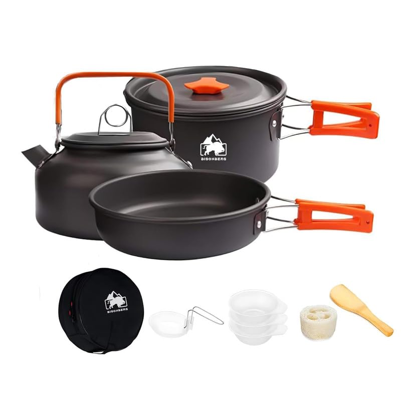 BISONBERG 9 Pcs Camping Cookware Set, Mess Kit, Camping Accessories for Outdoor, Camping Utensils with Carry Bag, Camping Bowl Pot Pan Set - Nonstick Aluminum - for 3 People - Image 1