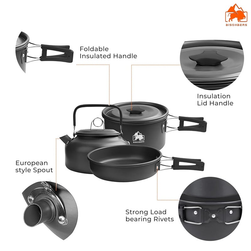 BISONBERG 9 Pcs Camping Cookware Set, Mess Kit, Camping Accessories for Outdoor, Camping Utensils with Carry Bag, Camping Bowl Pot Pan Set - Nonstick Aluminum - for 3 People - Image 2