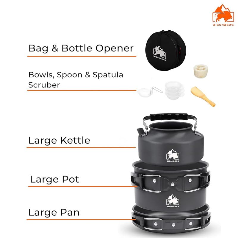 BISONBERG 9 Pcs Camping Cookware Set, Mess Kit, Camping Accessories for Outdoor, Camping Utensils with Carry Bag, Camping Bowl Pot Pan Set - Nonstick Aluminum - for 3 People - Image 5